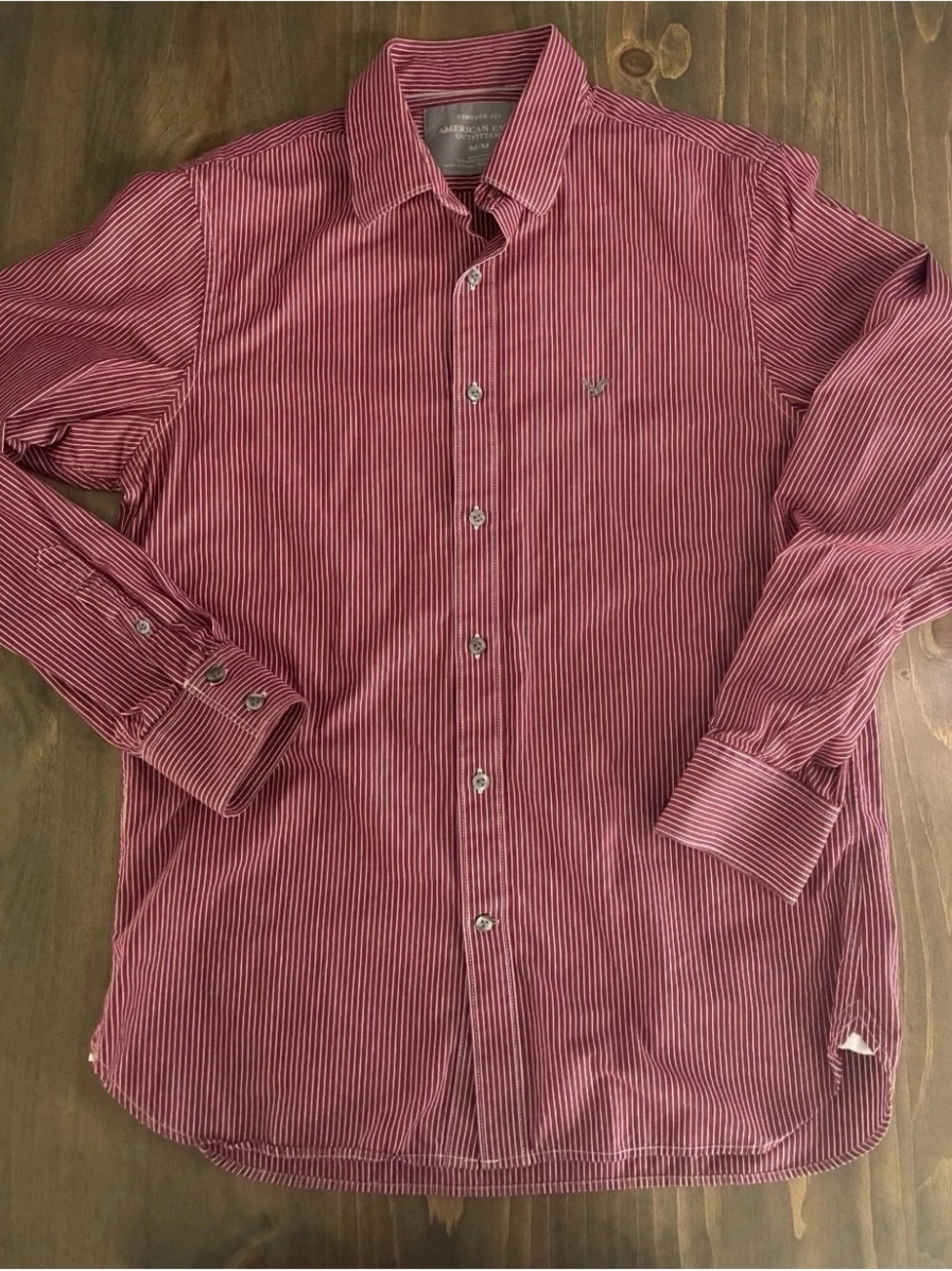 American Eagle Outfitters Men's Burgundy and White Striped Button-Up Shirt